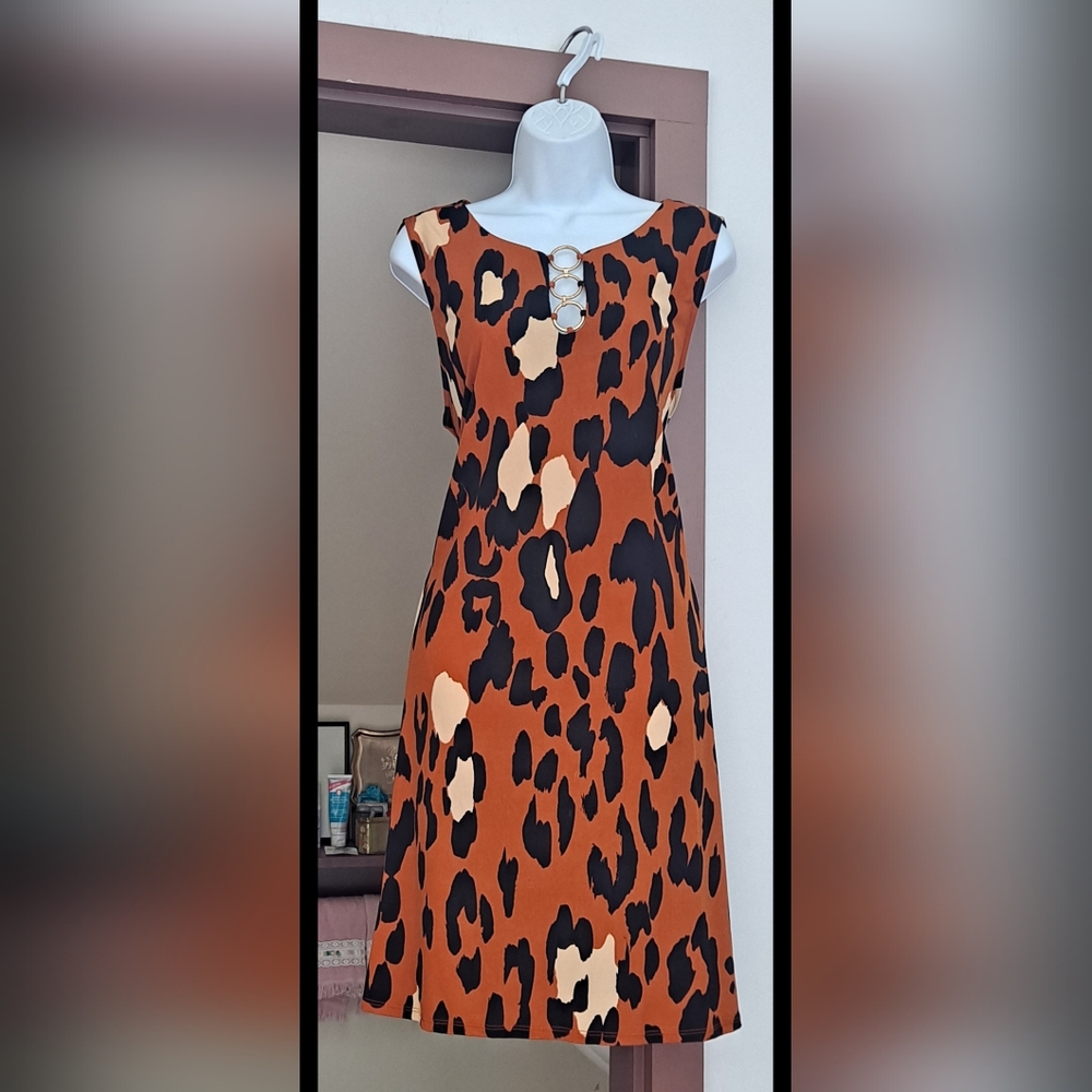 MSK Animal Print Leopard Print Sleeveless Dress Gold Tone Accents Mini Dress XL